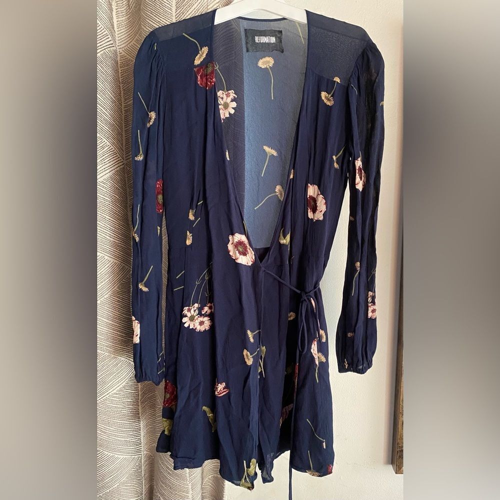 Reformation Delta Wrap Dress Women Navy Floral Mini Chiffon Sz XS-S